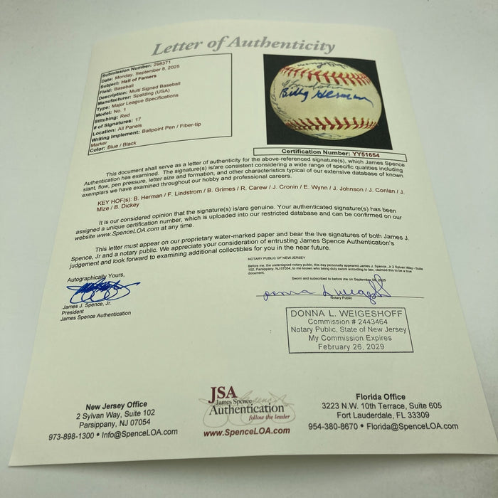 1970's HOF Multi Signed Baseball Freddie Lindstrom Burleigh Grimes JSA