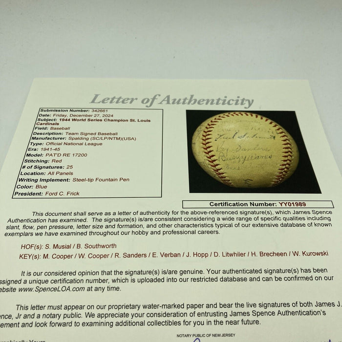 1944 St. Louis Cardinals World Series Champs Team Signed Baseball JSA COA