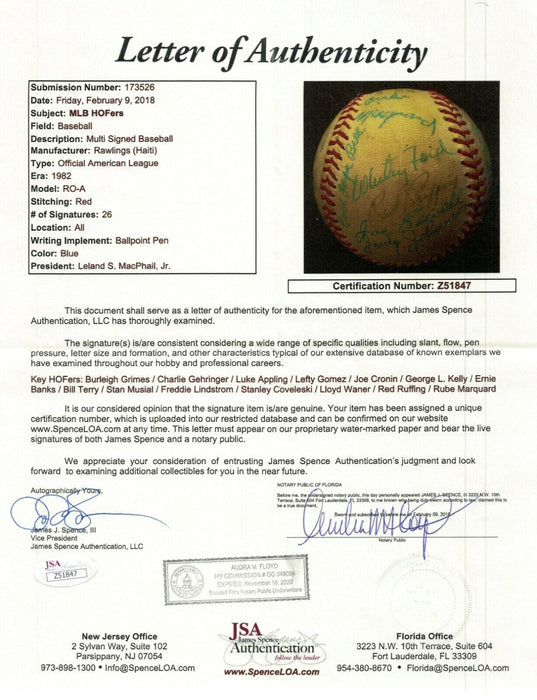 1982 Hall Of Fame Signed Baseball 26 Sigs Ruffing Marquard Lindstrom Kelly JSA