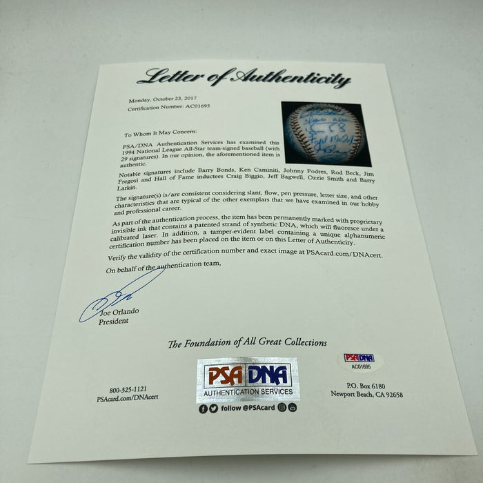 1994 All Star Game National League Team Signed Baseball Barry Bonds PSA DNA COA