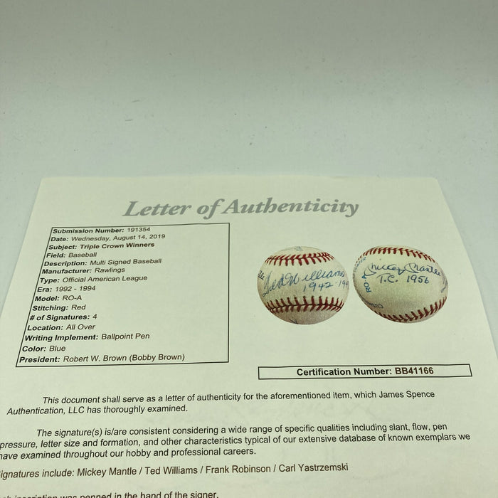 The Finest Mickey Mantle Ted Williams Triple Crown Signed Inscribed Baseball JSA