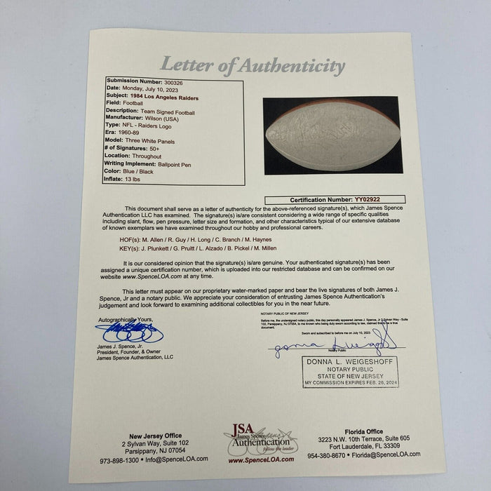 1984 Oakland Raiders Team Signed NFL Wilson Football 50+ Sigs JSA COA