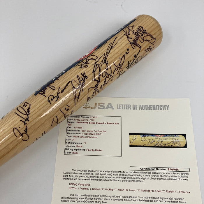 2004 Boston Red Sox World Series Champs Team Signed Baseball Bat JSA COA