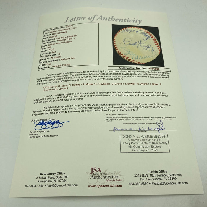 1970's HOF Multi Signed Baseball George Kelly Red Ruffing Stan Musial JSA