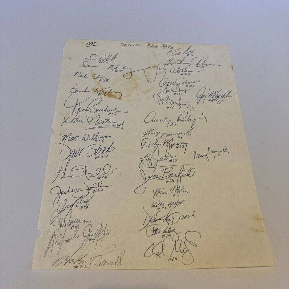 1982 Blue Jays Team Signed Autographed Sheet