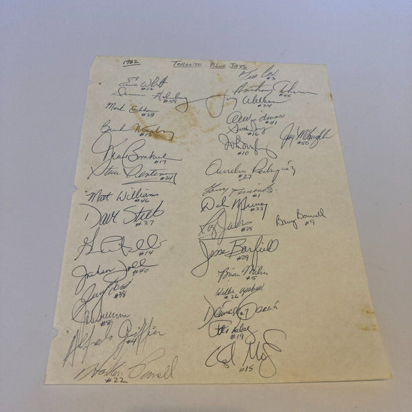 1982 Blue Jays Team Signed Autographed Sheet