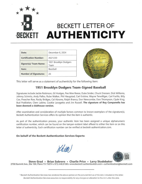 Beautiful Jackie Robinson 1951 Brooklyn Dodgers Team Signed Baseball Beckett COA