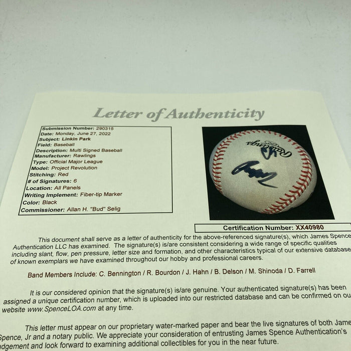 Linkin Park Band Signed Baseball 6 Signatures With Chester Bennington JSA COA