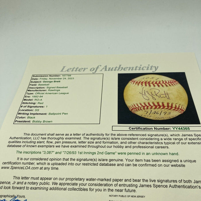 George Brett Signed 3,087th Actual Hit Game Used Baseball JSA & Umpire COA