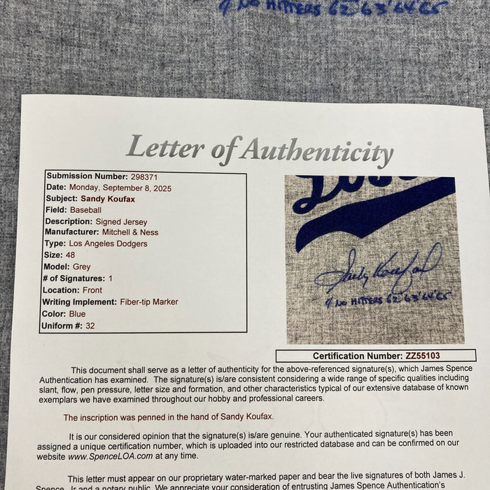 Sandy Koufax  4 No Hitters 62' 63' 64' 65' Signed Los Angeles Dodgers Jersey JSA