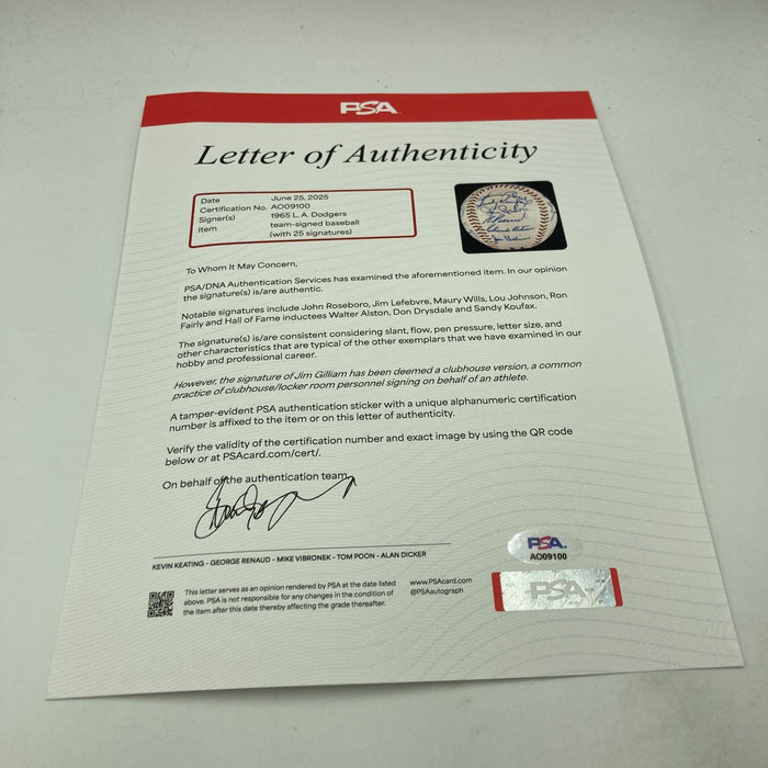 Beautiful 1965 Los Angeles Dodgers World Series Champs Team Signed Baseball PSA