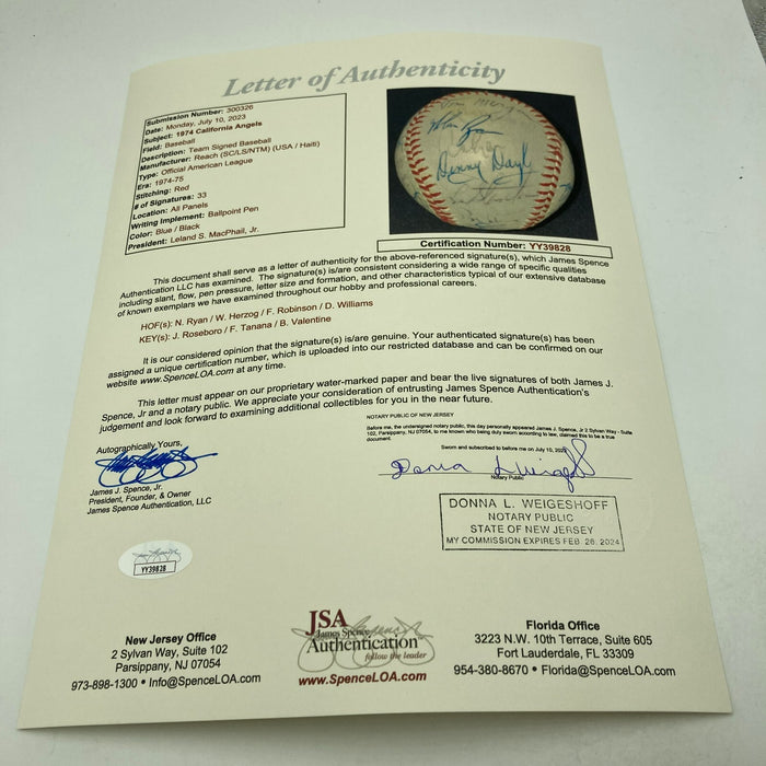 Nolan Ryan 1974 California Angels Team Signed American League Baseball JSA COA