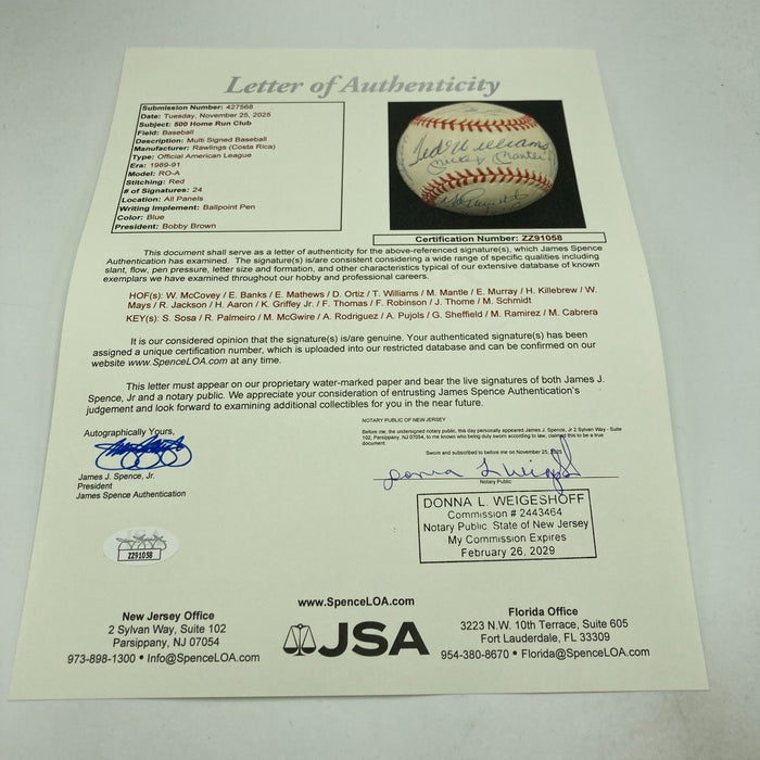 The Finest 500 Home Run Signed Baseball With 24 Sigs! Mickey Mantle JSA COA