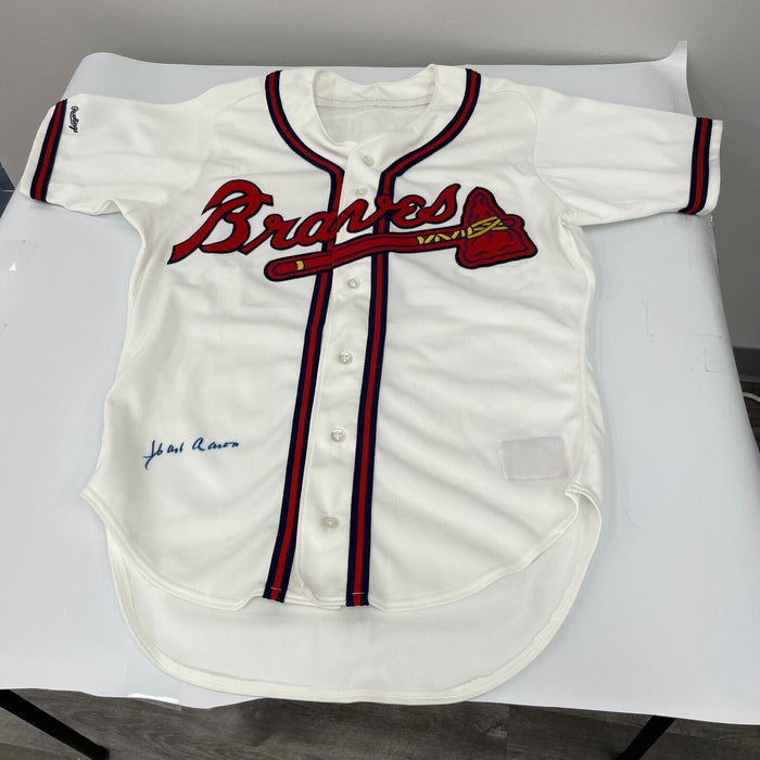 Hank Aaron Signed Authentic Atlanta Braves 1980's Game Model Jersey JSA COA