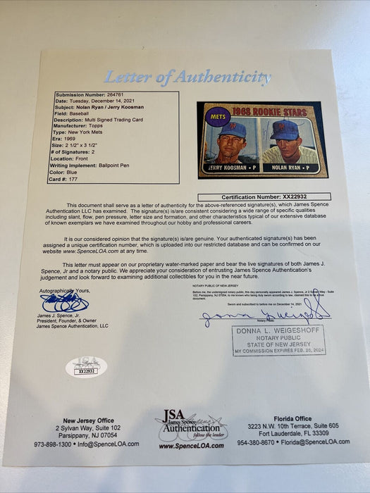 1968 Topps Nolan Ryan & Jerry Koosman Signed RC Vintage 1960's Signature PSA DNA