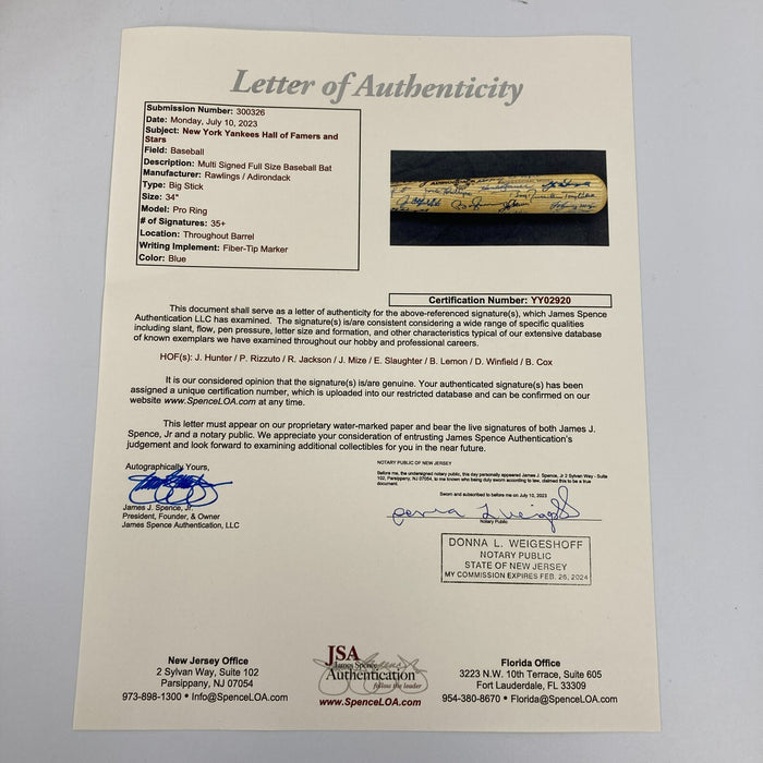 New York Yankees Hall Of Famers & Legends Signed Baseball Bat 40+ Sigs JSA COA