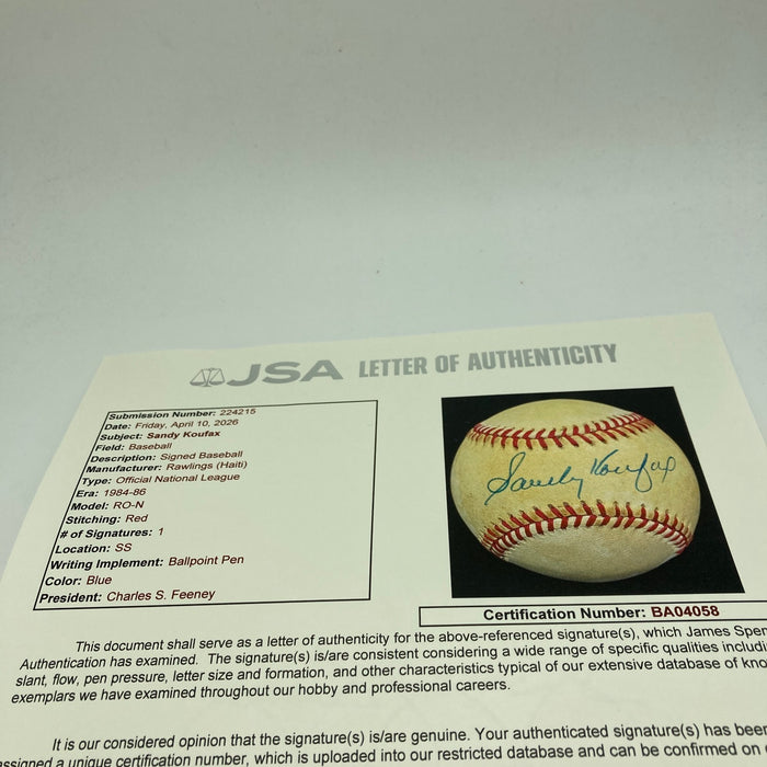 Sandy Koufax Signed Vintage National League Feeney Baseball JSA COA