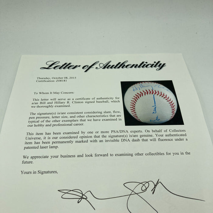 President Bill Clinton & Hillary Clinton Dual Signed Major League Baseball PSA