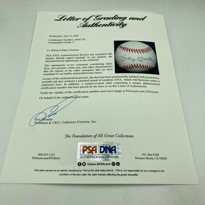 Beautiful Mickey Mantle Signed American League Baseball PSA DNA Graded MINT 9