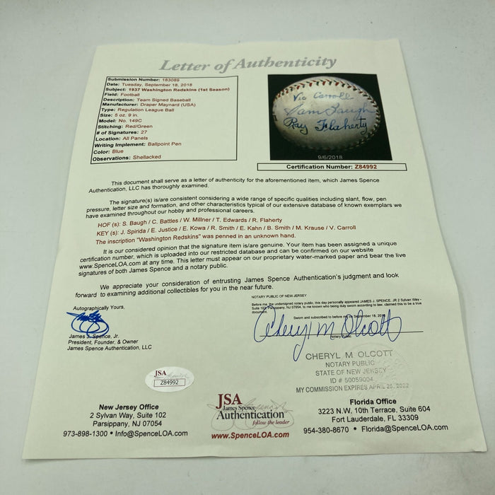 Historic 1937 Washington Redskins Inaugural Season Team Signed Baseball JSA COA