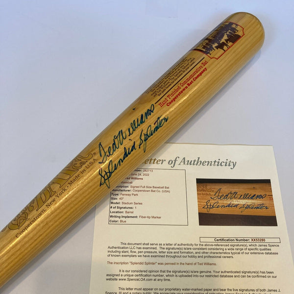 Beautiful Ted Williams "Splendid Splinter" Signed Fenway Park Baseball Bat JSA