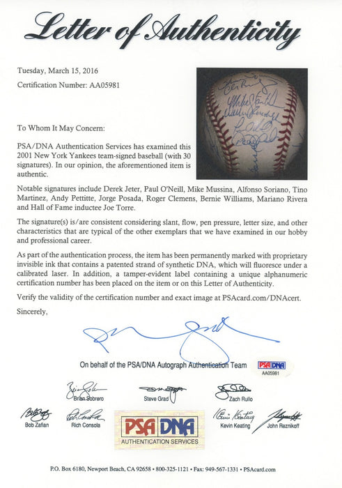 2001 New York Yankees AL Champs Team Signed Baseball 30 Sigs Derek Jeter PSA DNA
