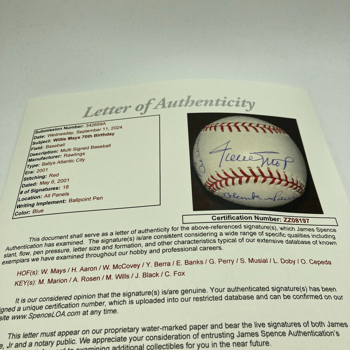 Willie Mays 70th Birthday Signed Baseball Hank Aaron Ernie Banks Stan Musial JSA