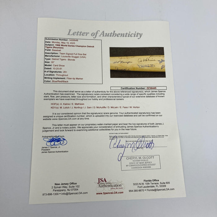 1968 Detroit Tigers World Series Champs Team Signed Bat Norm Cash JSA COA