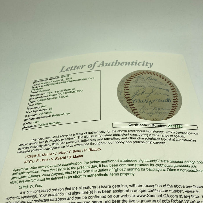 1953 New York Yankees World Series Champs Team Signed Baseball Mickey Mantle JSA