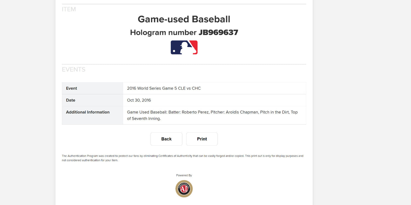 Aroldis Chapman 2016 World Series Game 5 Save Game Used Baseball Chicago Cubs