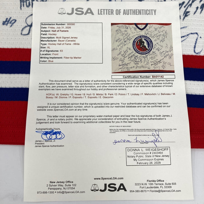 NHL Hall Of Fame Signed Hockey Jersey With 63 Signatures! Wayne Gretzky JSA COA