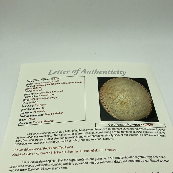 Eddie Collins Red Faber 1929 A's World Series Champs Signed Baseball JSA COA