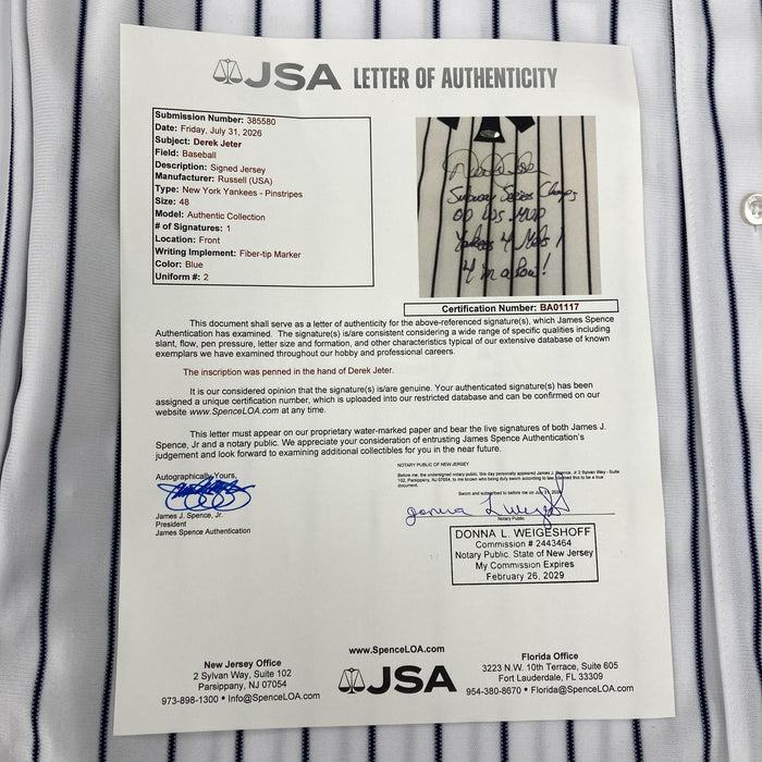 Derek Jeter Signed Heavily Inscribed 2000 World Series NY Yankees Jersey JSA COA