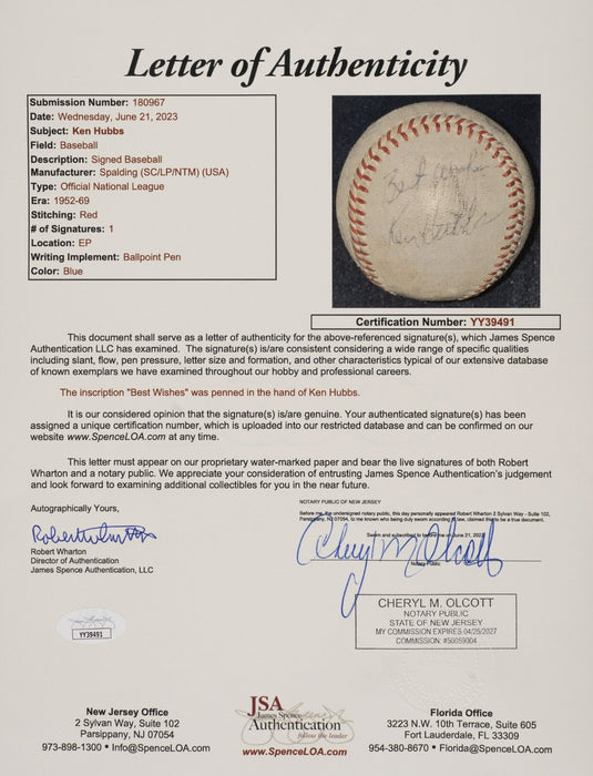 Ken Hubbs Rookie Single Signed Official National League Baseball JSA COA