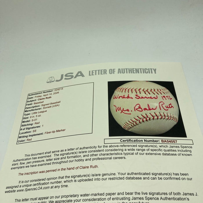 Mrs. Babe Ruth Signed Baseball 1972 World Series JSA COA