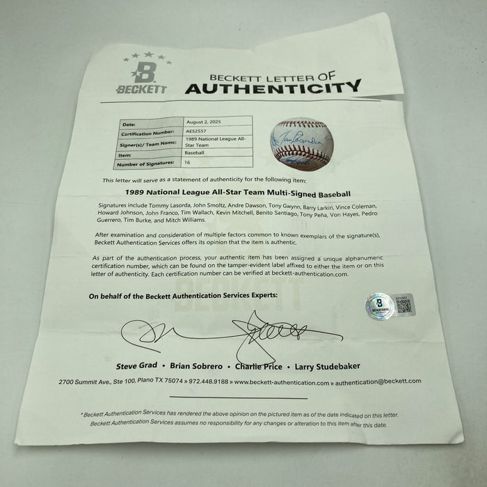 1989 All Star Game Team Signed Baseball Tony Gwynn Beckett COA