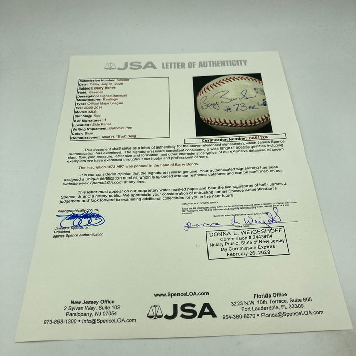 Barry Bonds 73rd Home Run Signed Game Used Baseball JSA & Barry Bonds COA