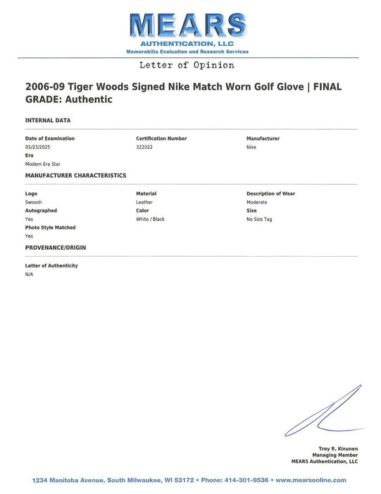 Tiger Woods Match Worn Game Used Signed Nike Golf Glove MEARS & Beckett COA