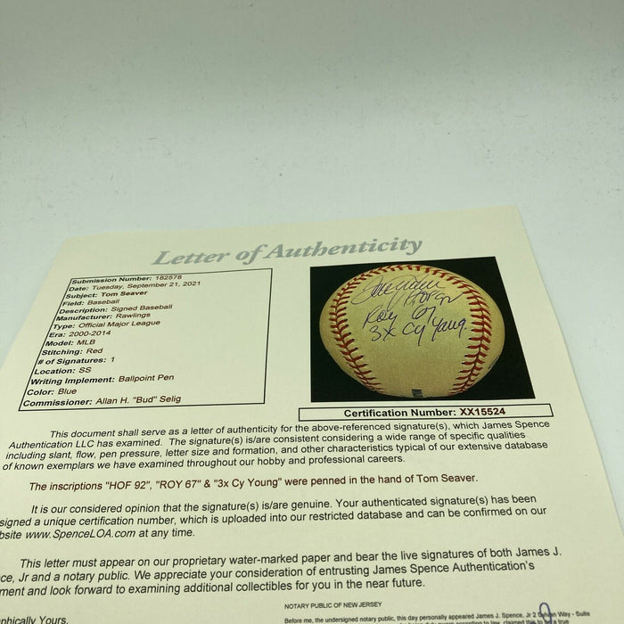 Tom Seaver "HOF 1992 ROY 1967 3X Cy Young" Signed Heavily Inscribed Baseball JSA