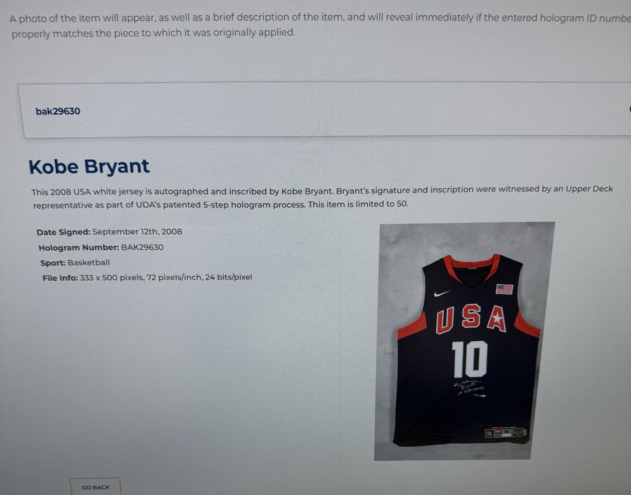 Kobe Bryant "2008 USA Gold" Signed Team USA Olympics Jersey UDA Upper Deck 37/50