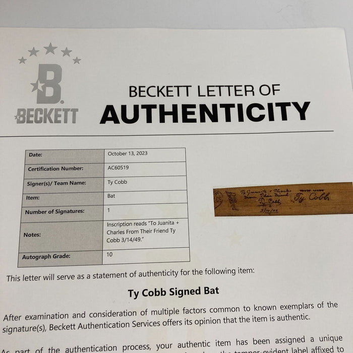 The Finest Ty Cobb Signed Baseball Bat Graded 10 GEM MINT From Babe Ruth PSA DNA