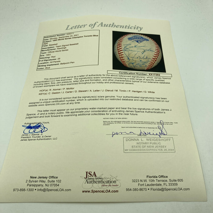 1993 Toronto Blue Jays World Series Champs Team Signed Baseball JSA COA