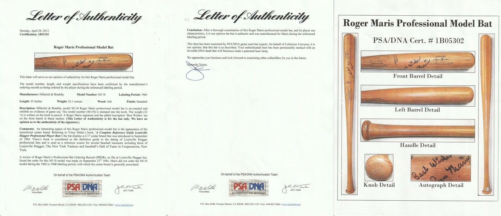 Roger Maris Signed 1964 Game Issued Louisville Slugger Baseball Bat PSA DNA COA
