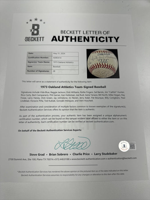 1973 Oakland A’s World Series Champs Team Signed Baseball JSA & Beckett COA