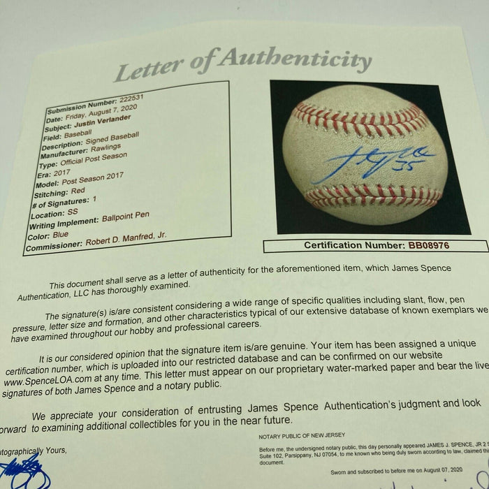 Justin Verlander #35 2017 Postseason Signed Game Used MLB Baseball JSA COA RARE