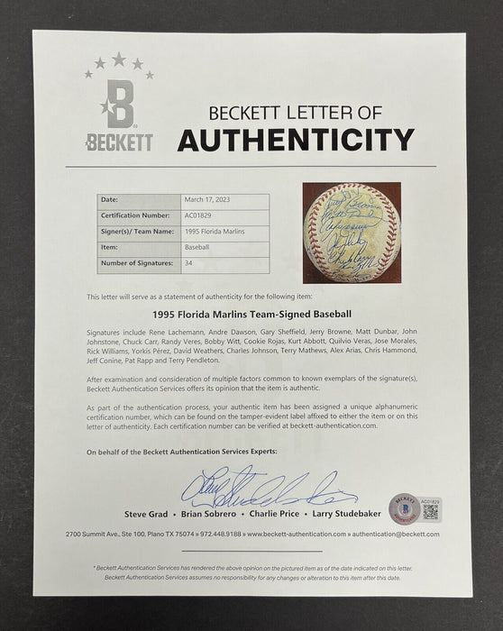 1995 Florida Marlins Inaugural Season Team Signed Baseball Beckett COA