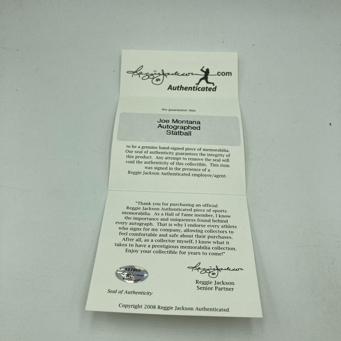 Joe Montana Signed Heavily Inscribed Career STAT Baseball Reggie Jackson COA