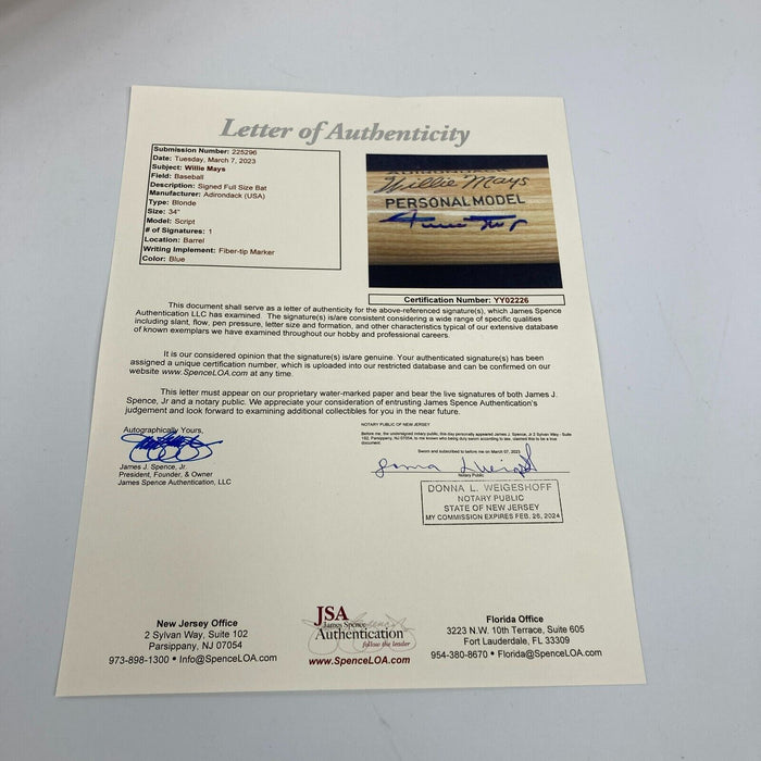 Willie Mays Signed Adirondack Game Model Baseball Bat JSA COA