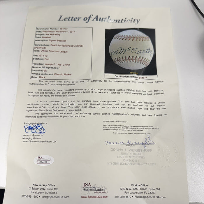 Beautiful Joe Mccarthy Single Signed American League Baseball With JSA COA