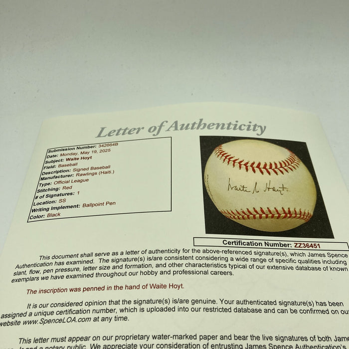 Waite Hoyt Single Signed Official League Baseball JSA COA RARE